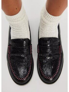 Free People Womens Blanket Pink Stitch Black Penny Loafers Sz 10